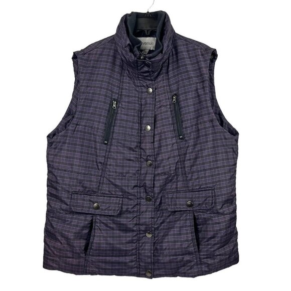 Avenue Jackets & Blazers - Avenue Womens Puffer Vest Purple Black Plaid Pockets Size 22/24